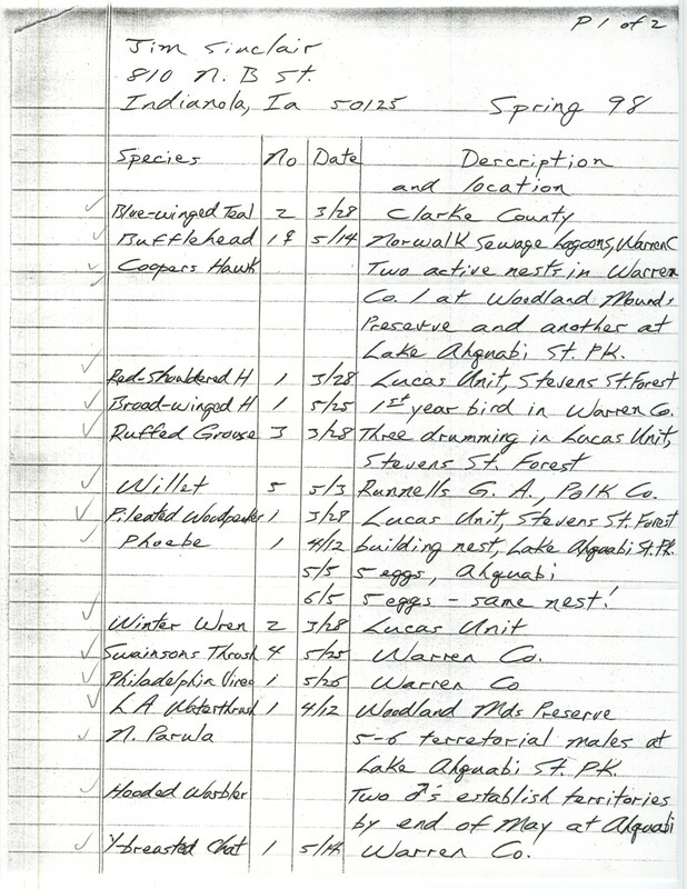 An annotated list of birds sighted by Jim Sinclair. This item was used as supporting documentation for the Iowa Ornithologists' Union Quarterly field report of spring 1998.