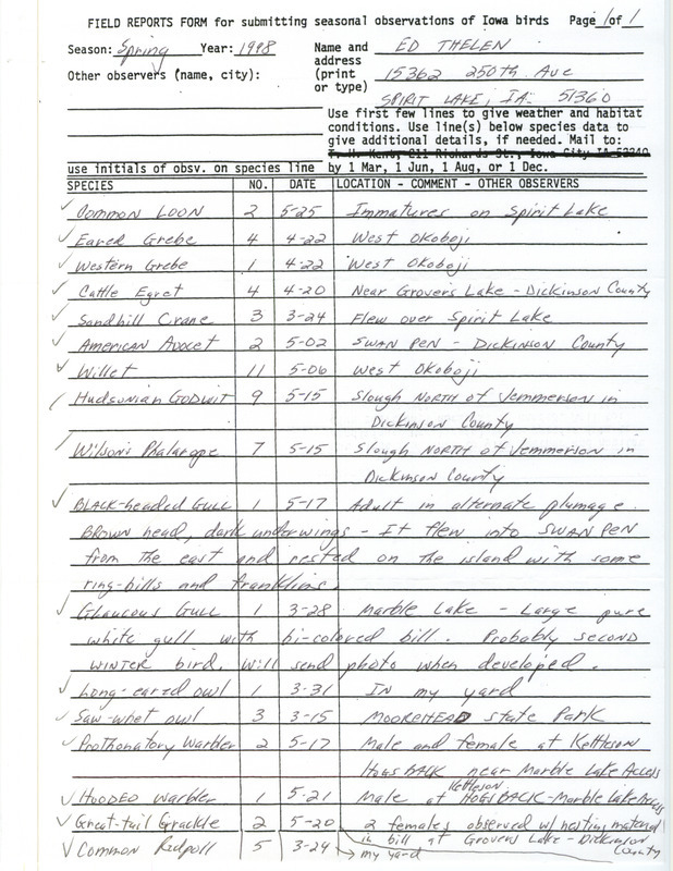 An annotated list of birds sighted by Ed Thelen. This item was used as supporting documentation for the Iowa Ornithologists' Union Quarterly field report of spring 1998.