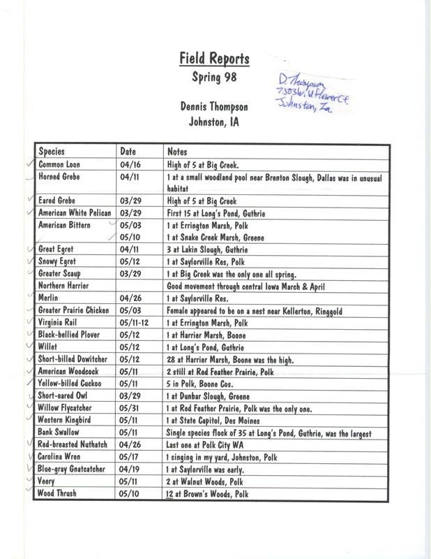 An annotated list of birds sighted by Dennis Thompson. This item was used as supporting documentation for the Iowa Ornithologists' Union Quarterly field report of spring 1998.