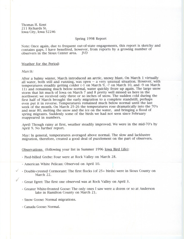 An annotated list of birds sighted by John Van Dyk dated May 28, 1998. This item was used as supporting documentation for the Iowa Ornithologists' Union Quarterly field report of spring 1998.