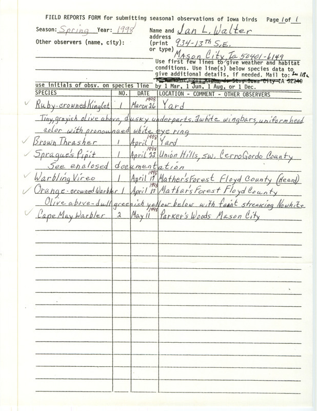 An annotated list of birds sighted by Jan Walter. This item was used as supporting documentation for the Iowa Ornithologists' Union Quarterly field report of spring 1998.