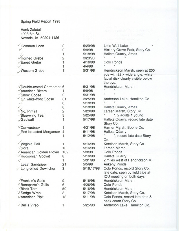 An annotated list of birds sighted by Hank Zaletel. This item was used as supporting documentation for the Iowa Ornithologists' Union Quarterly field report of spring 1998.