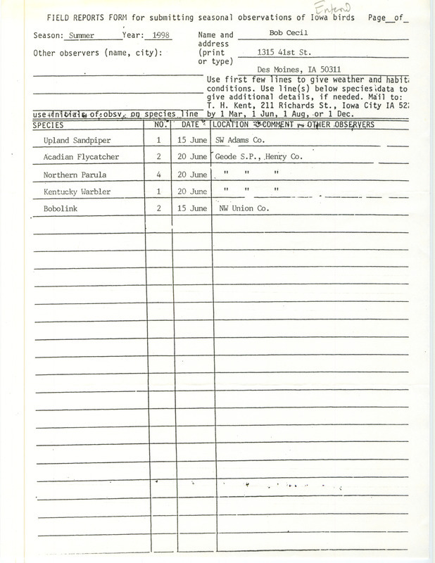 An annotated list of birds sighted by Bob Cecil. This item was used as supporting documentation for the Iowa Ornithologists' Union Quarterly field report of summer 1998.