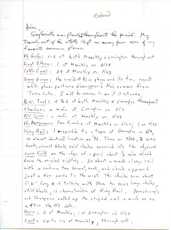 An annotated list of birds sighted by Bery Engebretsen. This item was used as supporting documentation for the Iowa Ornithologists' Union Quarterly field report of summer 1998.