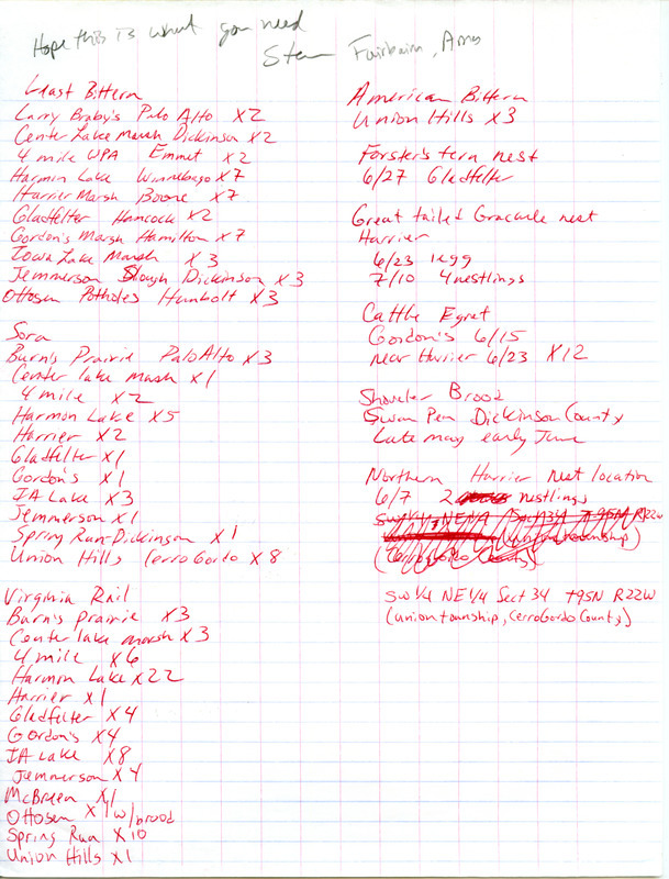 An annotated list of birds sighted by Steve Fairbairn. This item was used as supporting documentation for the Iowa Ornithologists' Union Quarterly field report of summer 1998.