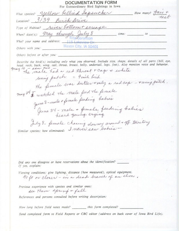 Rita Goranson documents sighting a breeding pair of Yellow-bellied Sapsuckers from May 10 through July 8. This item was used as supporting documentation for the Iowa Ornithologists' Union Quarterly field report of summer 1998.