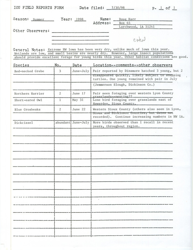 An annotated list of birds sighted by Doug Harr. This item was used as supporting documentation for the Iowa Ornithologists' Union Quarterly field report of summer 1998.