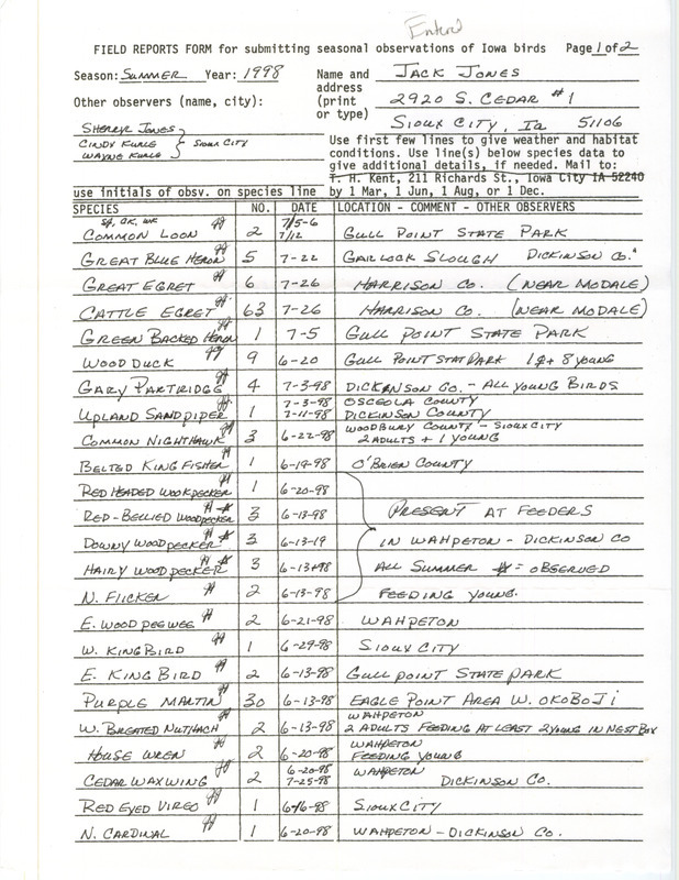 An annotated list of birds sighted by Jack Jones and three others. This item was used as supporting documentation for the Iowa Ornithologists' Union Quarterly field report of summer 1998.