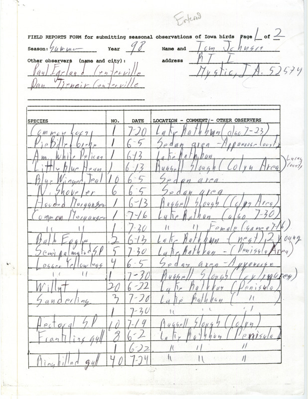 An annotated list of birds sighted by Tom Johnson and others. This item was used as supporting documentation for the Iowa Ornithologists' Union Quarterly field report of summer 1998.