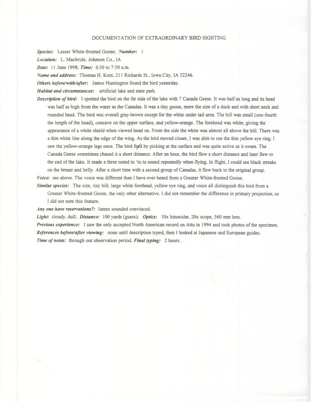 Thomas Kent documents sighting a Lesser White-fronted Goose on June 11, 1998. This item was used as supporting documentation for the Iowa Ornithologists' Union Quarterly field report of summer 1998.