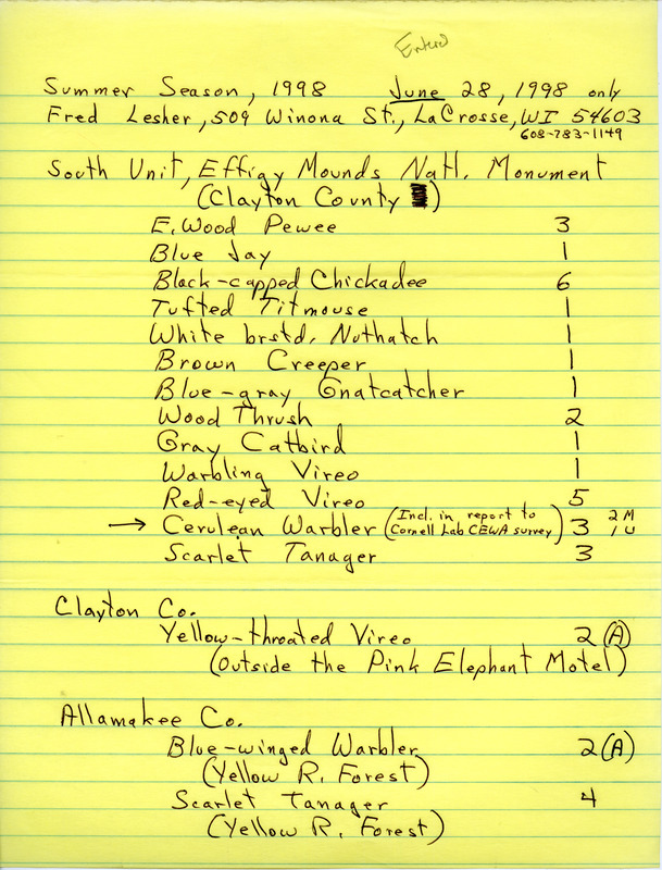 An annotated list of birds sighted by Fred Lesher dated June 28, 1998 and July 22, 1998. This item was used as supporting documentation for the Iowa Ornithologists' Union Quarterly field report of summer 1998.