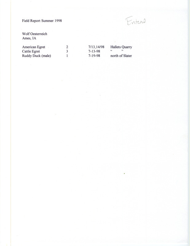 An annotated list of birds sighted by Wolfgang Oesterreich. This item was used as supporting documentation for the Iowa Ornithologists' Union Quarterly field report of summer 1998.