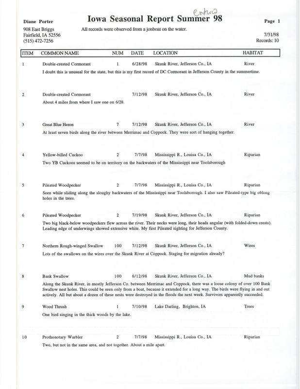 An annotated list of birds sighted by Diane Porter. This item was used as supporting documentation for the Iowa Ornithologists' Union Quarterly field report of summer 1998.