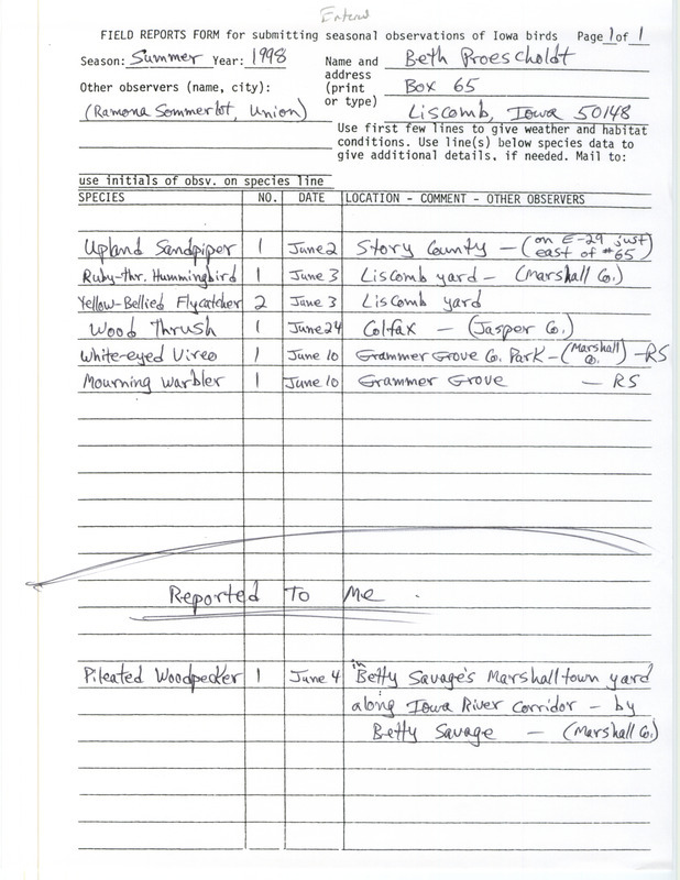 An annotated list of birds sighted by Beth Proescholdt and others. This item was used as supporting documentation for the Iowa Ornithologists' Union Quarterly field report of summer 1998.