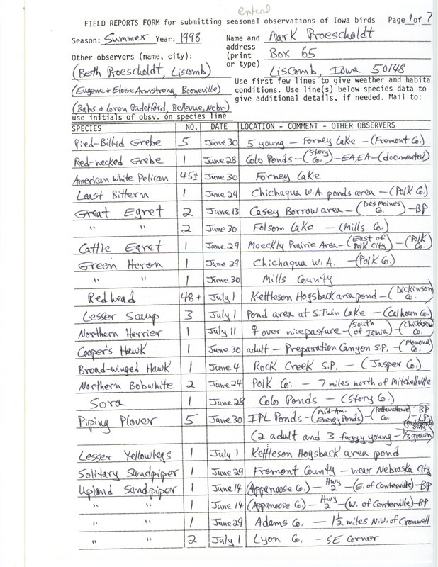 An annotated list of birds sighted by Mark Proescholdt and others. This item was used as supporting documentation for the Iowa Ornithologists' Union Quarterly field report of summer 1998.