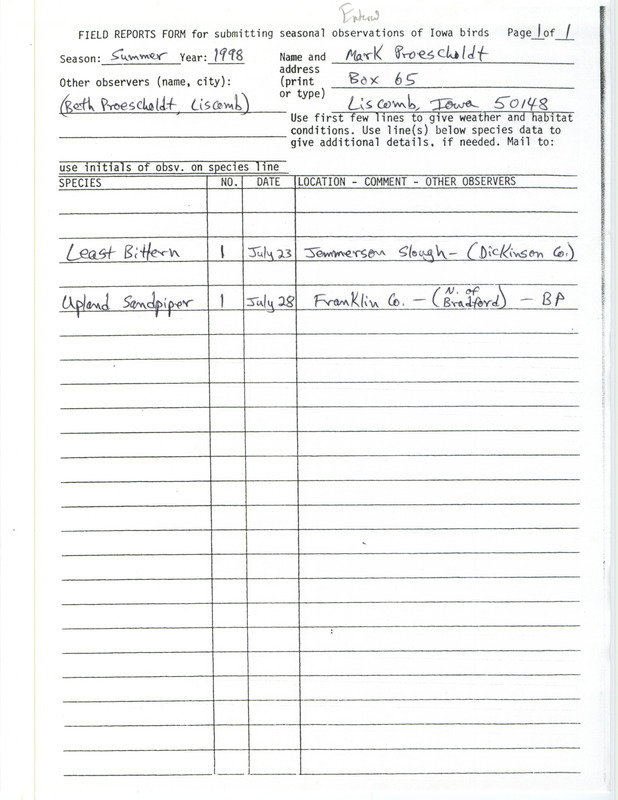 An annotated list of birds sighted by Mark and Beth Proescholdt. This item was used as supporting documentation for the Iowa Ornithologists' Union Quarterly field report of summer 1998.