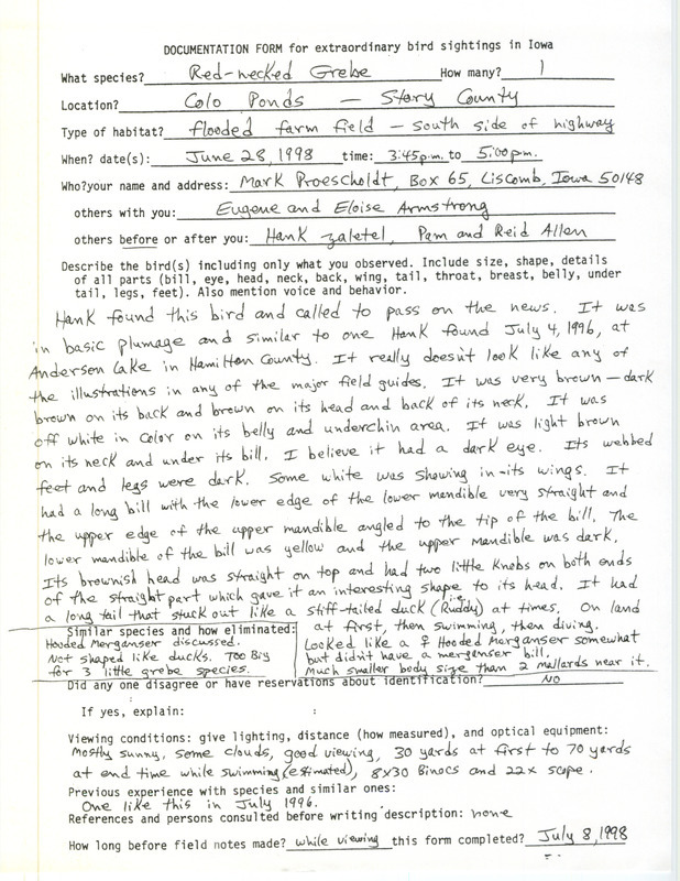 Mark Proescholdt documents the sighting of a Red-necked Grebe on June 28, 1998. This item was used as supporting documentation for the Iowa Ornithologists' Union Quarterly field report of summer 1998.