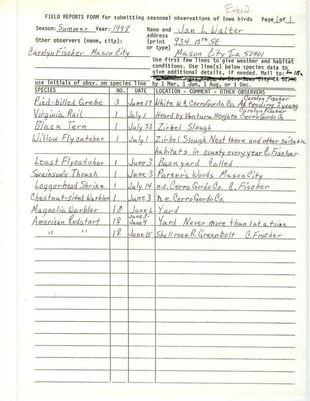 An annotated list of birds sighted by Jan Walter and Carolyn Fischer. This item was used as supporting documentation for the Iowa Ornithologists' Union Quarterly field report of summer 1998.