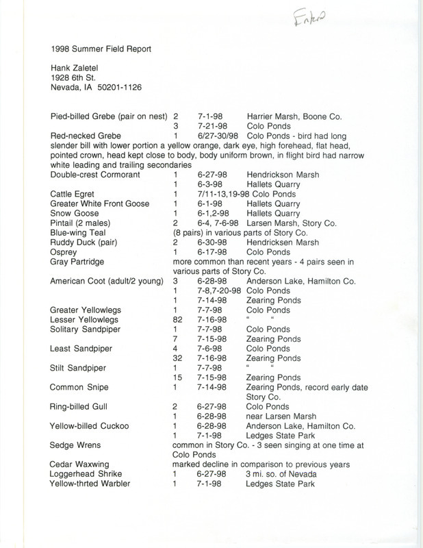 An annotated list of birds sighted by Hank Zaletel. This item was used as supporting documentation for the Iowa Ornithologists' Union Quarterly field report of summer 1998.