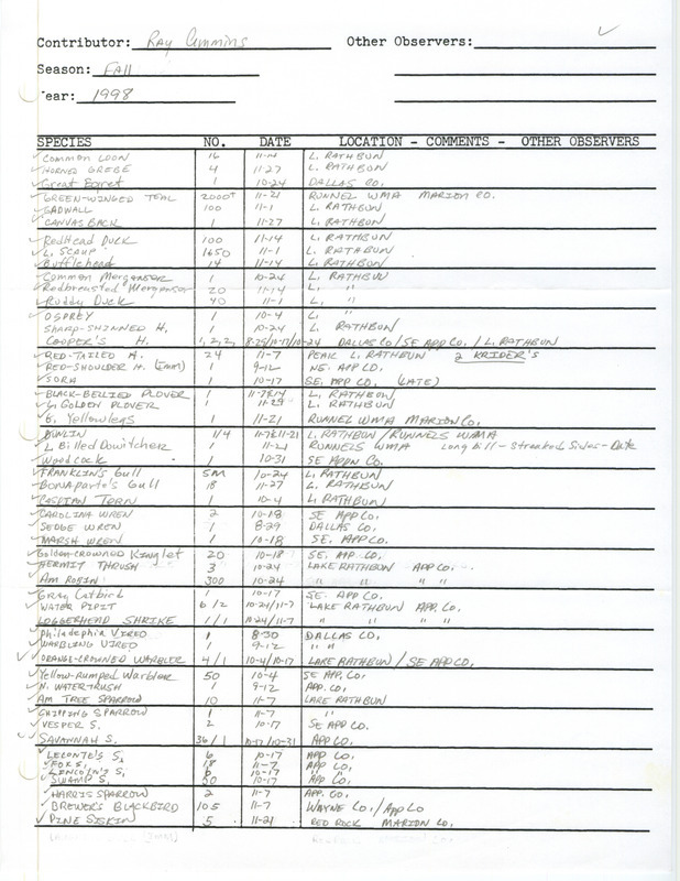 Fall report of birds and locations contributed by Raymond L. Cummins. This item was used as supporting documentation for the Iowa Ornithologists' Union Quarterly field report of fall 1998.