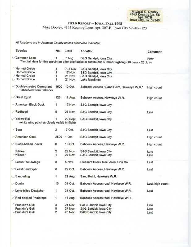 Fall report of birds found in eastern Iowa contributed by Michael C. Dooley. This item was used as supporting documentation for the Iowa Ornithologists' Union Quarterly field report of fall 1998.