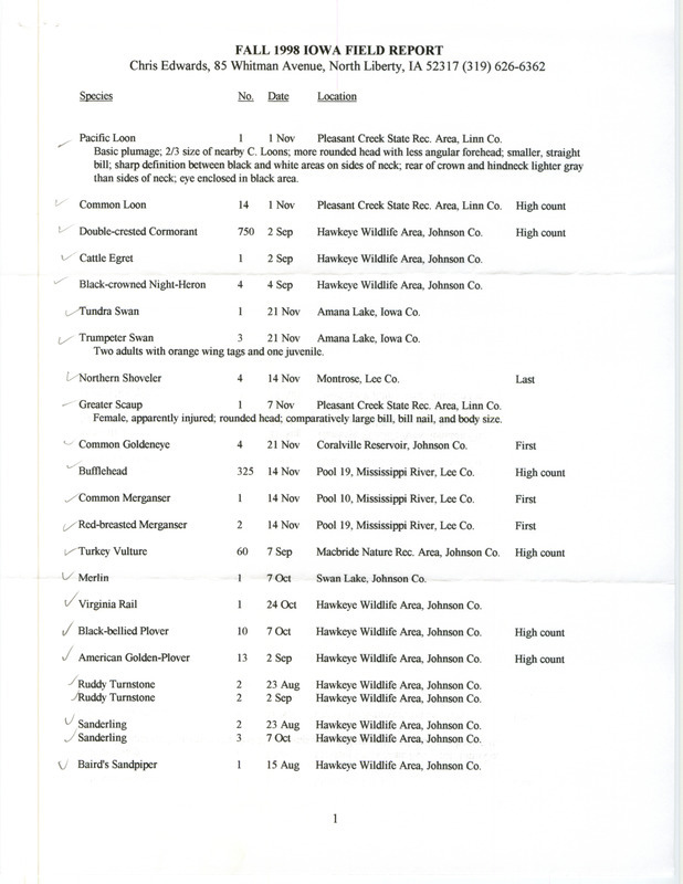 Fall report of birds and locations contributed by Chris Edwards. This item was used as supporting documentation for the Iowa Ornithologists' Union Quarterly field report of fall 1998.