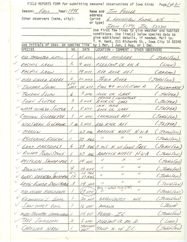 Fall report of birds and locations contributed by James L. Fuller. This item was used as supporting documentation for the Iowa Ornithologists' Union Quarterly field report of fall 1998.