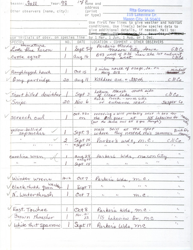 Fall report of birds and locations contributed by Rita Goranson. This item was used as supporting documentation for the Iowa Ornithologists' Union Quarterly field report of fall 1998.