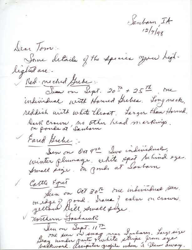 Letter from Robert Gruenewald to Thomas H. Kent regarding details on fall bird sightings, December 7, 1998. This item was used as supporting documentation for the Iowa Ornithologists' Union Quarterly field report of fall 1998.