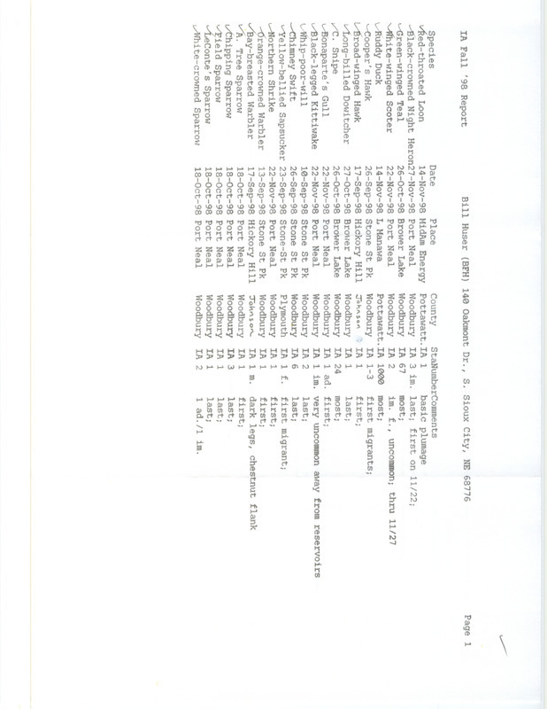 Fall report of birds and locations contributed by Bill F. Huser. This item was used as supporting documentation for the Iowa Ornithologists' Union Quarterly field report of fall 1998.