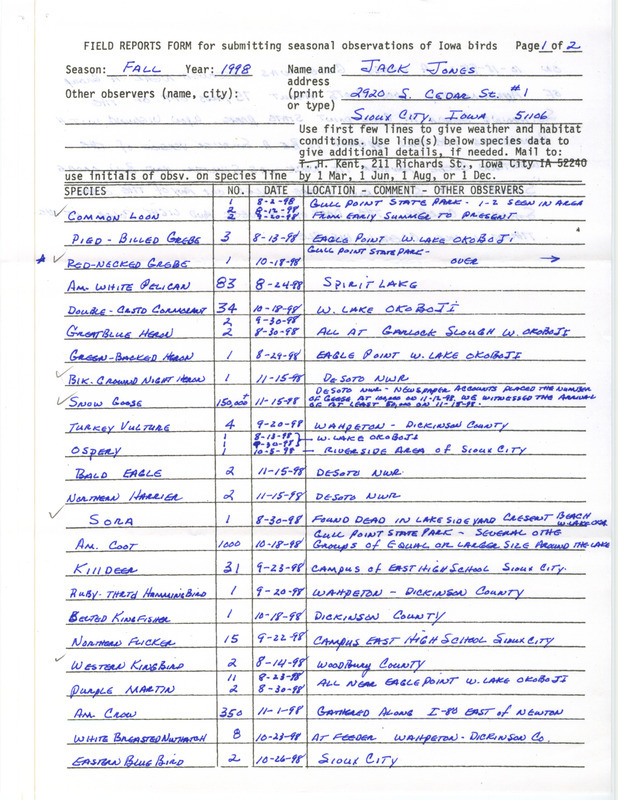 Fall report of birds and locations contributed by Jack Jones. Also included are details of a Red-necked Grebe sighting. This item was used as supporting documentation for the Iowa Ornithologists' Union Quarterly field report of fall 1998.