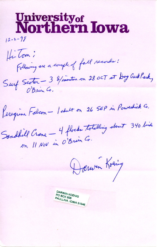 Letter from Darwin Koenig to Thomas H. Kent regarding fall bird sightings, December 2, 1998. This item was used as supporting documentation for the Iowa Ornithologists' Union Quarterly field report of fall 1998.