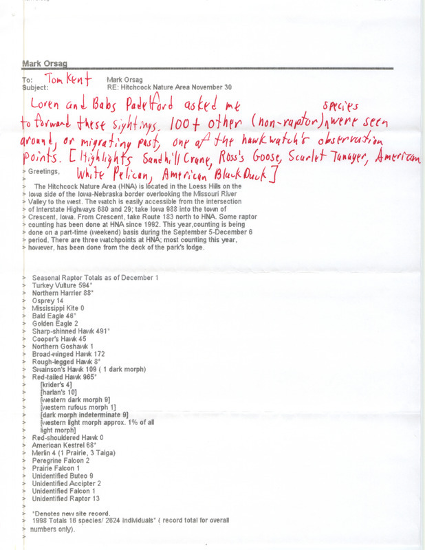 An email originally from Mark Orsag forwarded to Thomas H. Kent on behalf of Loren Padelford and Babs Padelford. The email details the raptor and non-raptor sightings that were seen during a Hawk watch conducted at Hitchcock Nature Area from September 5 through December 6, 1998. This item was used as supporting documentation for the Iowa Ornithologists' Union Quarterly field report of fall 1998.