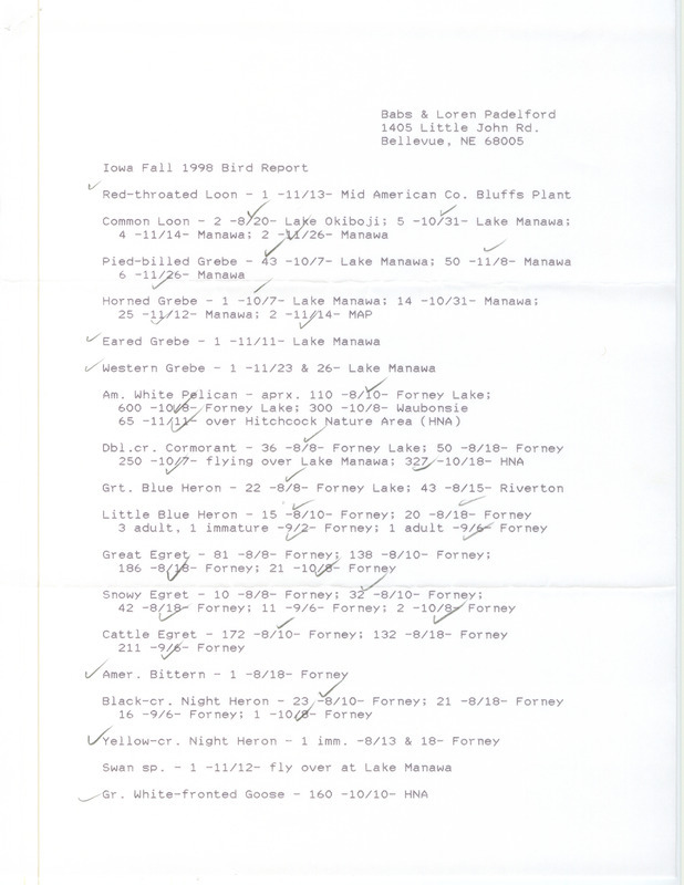 Fall report of birds and locations contributed by Babs Padelford and Loren Padelford. This item was used as supporting documentation for the Iowa Ornithologists' Union Quarterly field report of fall 1998.