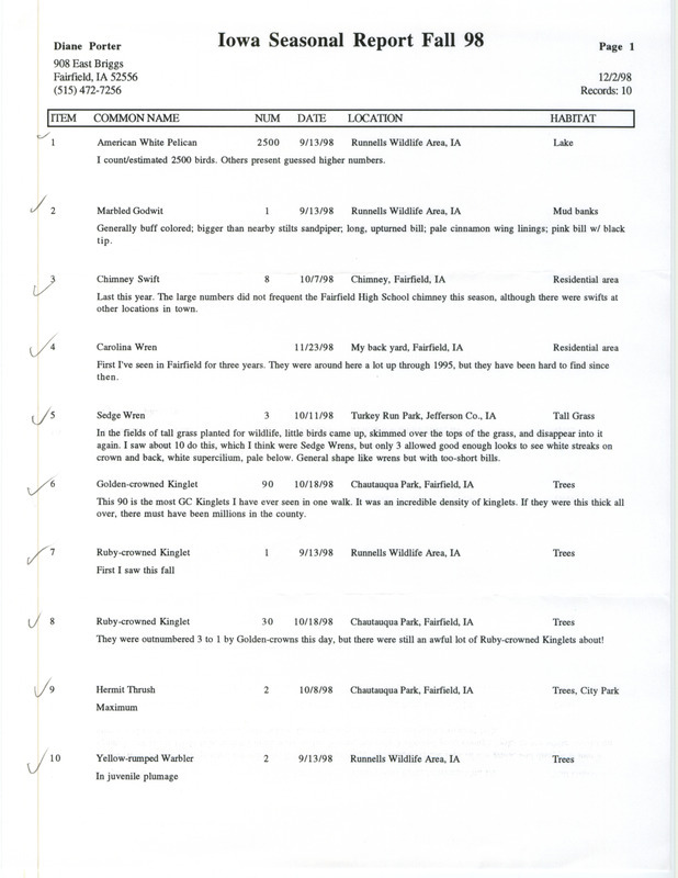 Fall report of birds and locations contributed by Diane C. Porter. This item was used as supporting documentation for the Iowa Ornithologists' Union Quarterly field report of fall 1998.