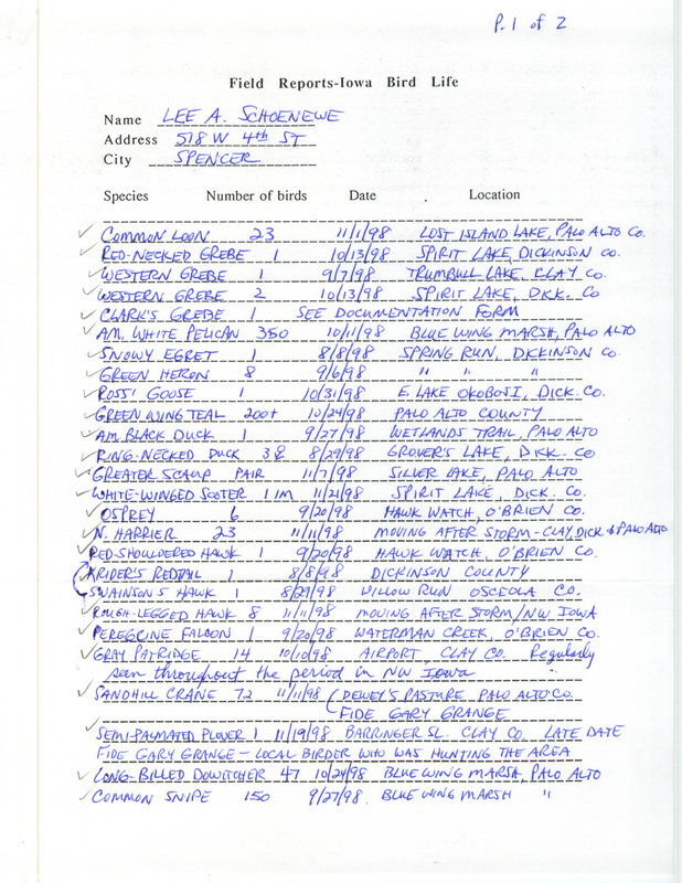 Fall report of birds found in northwest Iowa contributed by Lee A. Schoenewe. This item was used as supporting documentation for the Iowa Ornithologists' Union Quarterly field report of fall 1998.