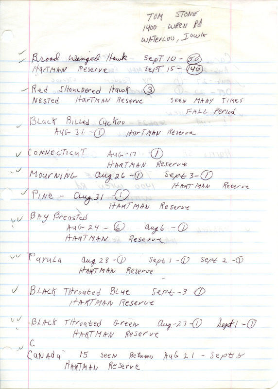 Fall report of birds and locations contributed by Tom Stone. This item was used as supporting documentation for the Iowa Ornithologists' Union Quarterly field report of fall 1998.