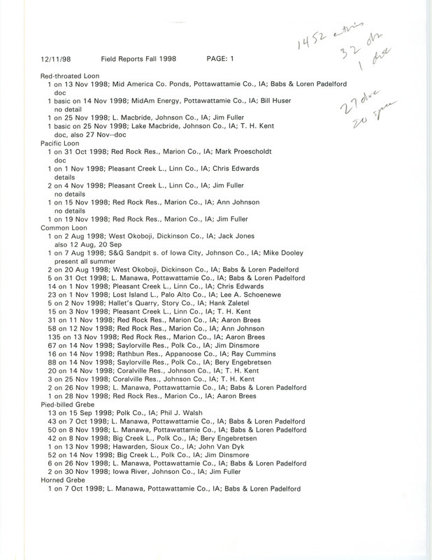 A list of bird sightings organized by species, December 11, 1998. The list includes sightings of Loons, Grebes, Herons, Geese, and Ducks. The list also contains the number of birds seen, date of sighting, location, and observer of each species. This item was used as supporting documentation for the Iowa Ornithologists' Union Quarterly field report of fall 1998.