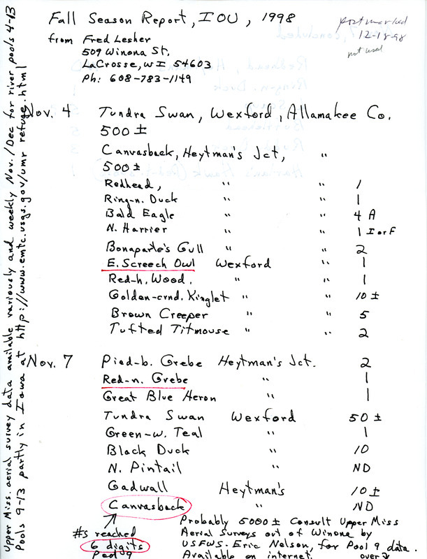 Fall report of birds and locations contributed by Fred Lesher. This item was submitted past the deadline for the Iowa Ornithologists' Union Quarterly field report of fall 1998.