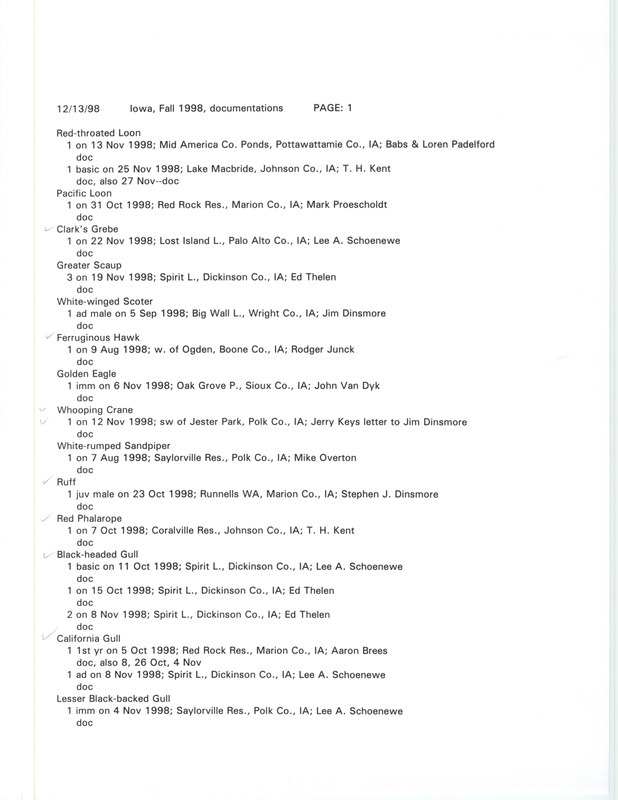 A list of documented bird sightings organized by species, December 13, 1998. The list also contains the number of birds seen, date of sighting, location, and observer of each species. This item was used as supporting documentation for the Iowa Ornithologists' Union Quarterly field report of fall 1998.