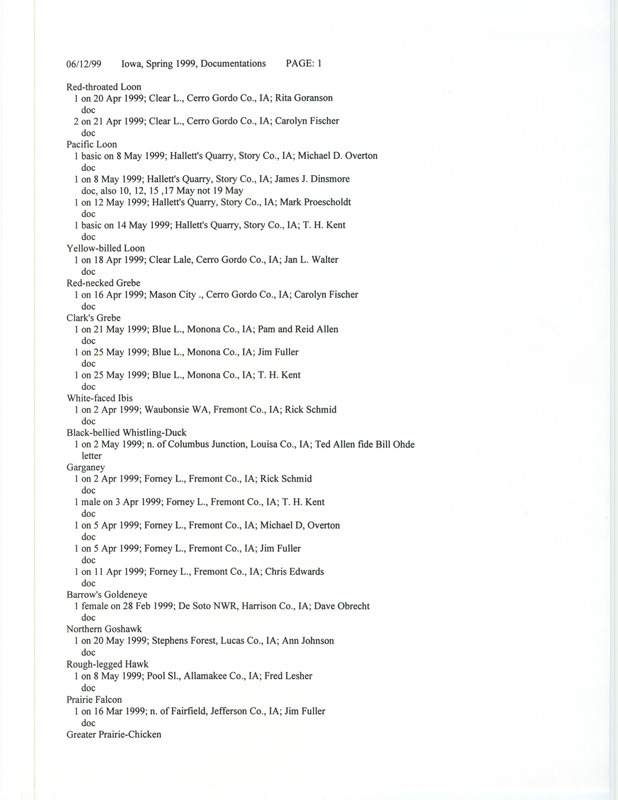 List of documented bird sightings dated June 12, 1999. This list contains the species that were documented in Iowa for spring 1999. This item was used as supporting documentation for the Iowa Ornithologists' Union Quarterly field report of spring 1999.