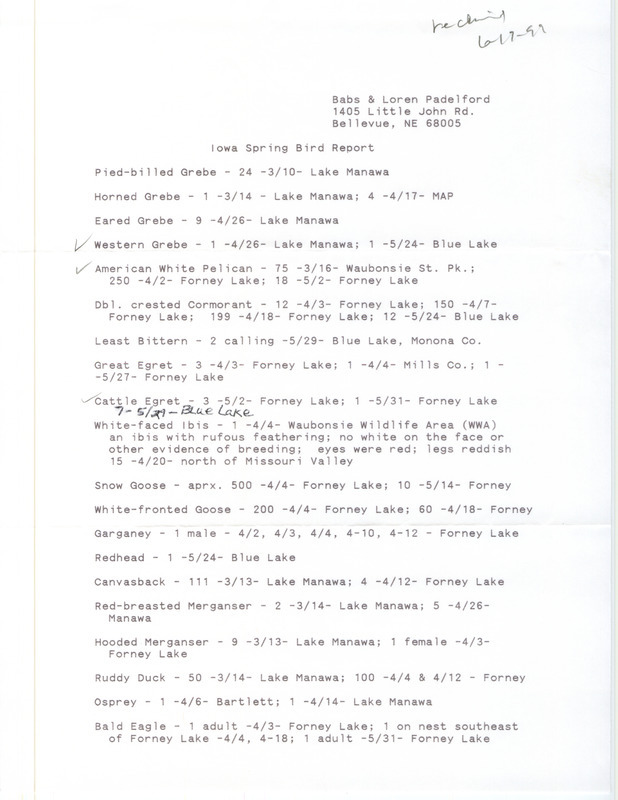 An annotated list of birds sighted by Babs and Loren Padelford. This item was used as supporting documentation for the Iowa Ornithologists' Union Quarterly field report of spring 1999.