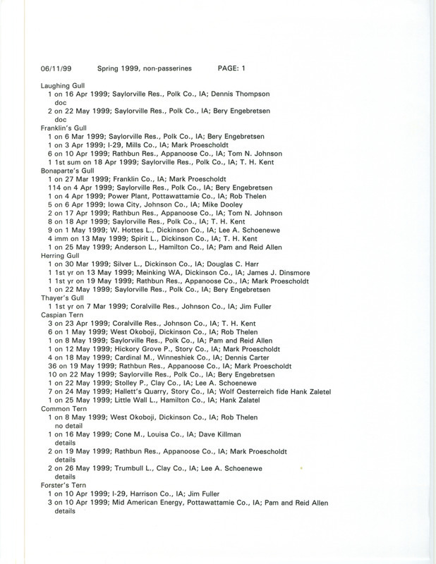 List of bird sightings dated June 11, 1999. This list contains sightings of non-passerines that were submitted for the spring 1999 season. This item was used as supporting documentation for the Iowa Ornithologists' Union Quarterly field report of spring 1999.