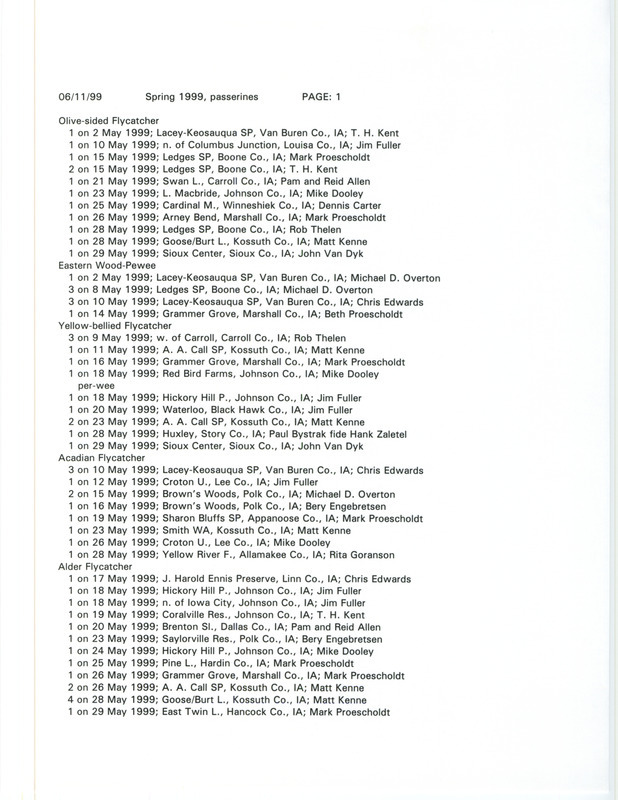 List of bird sightings dated June 11, 1999. This list contains sightings of passerines that were submitted for the spring 1999 season. This item was used as supporting documentation for the Iowa Ornithologists' Union Quarterly field report of spring 1999.