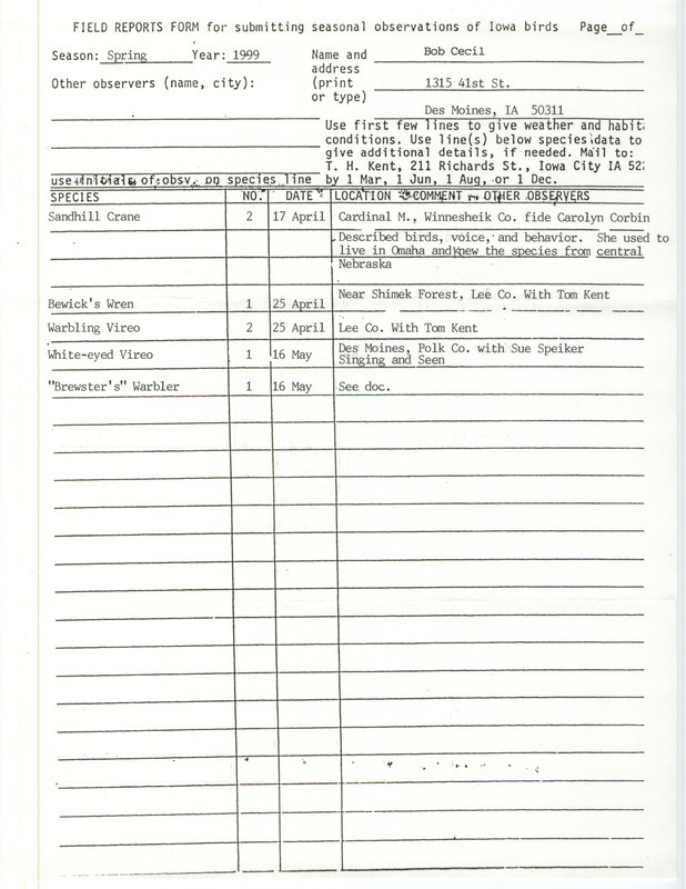 An annotated list of birds sighted by Bob Cecil. This item was used as supporting documentation for the Iowa Ornithologists' Union Quarterly field report of spring 1999.