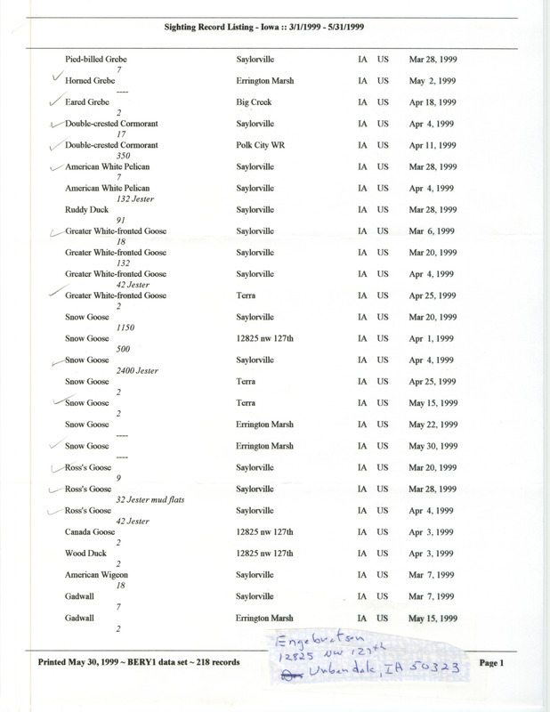 An annotated list of birds sighted by Bery Engebretsen. This item was used as supporting documentation for the Iowa Ornithologists' Union Quarterly field report of spring 1999.