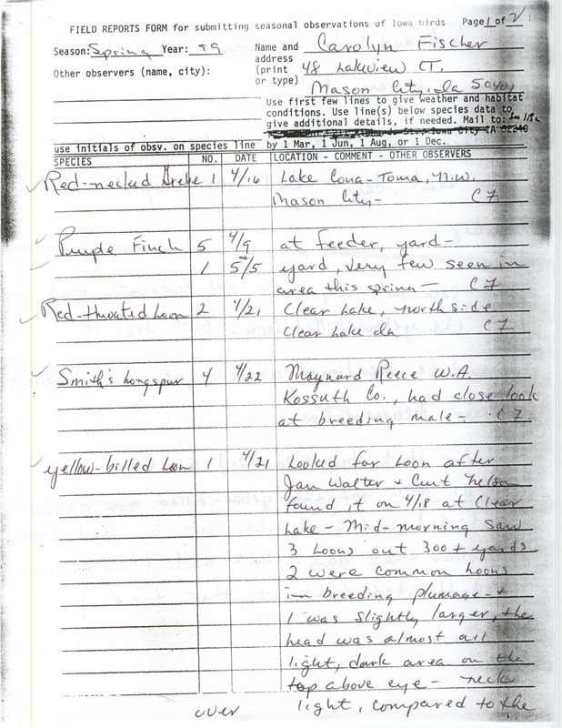 An annotated list of birds sighted by Carolyn Fischer. This item was used as supporting documentation for the Iowa Ornithologists' Union Quarterly field report of spring 1999.