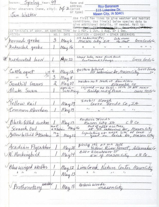 An annotated list of birds sighted by Rita Goranson and Jan Walter. This item was used as supporting documentation for the Iowa Ornithologists' Union Quarterly field report of spring 1999.