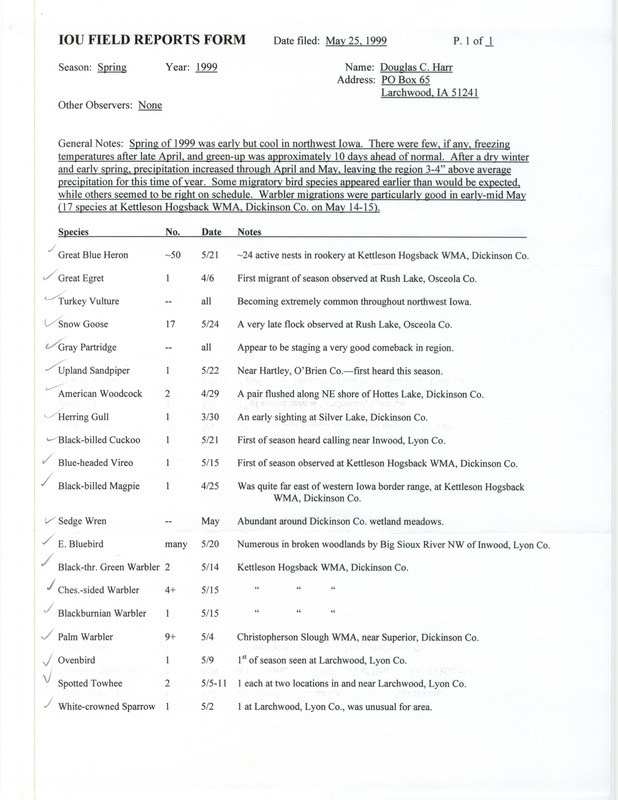 An annotated list of birds sighted by Douglas Harr. This item was used as supporting documentation for the Iowa Ornithologists' Union Quarterly field report of spring 1999.