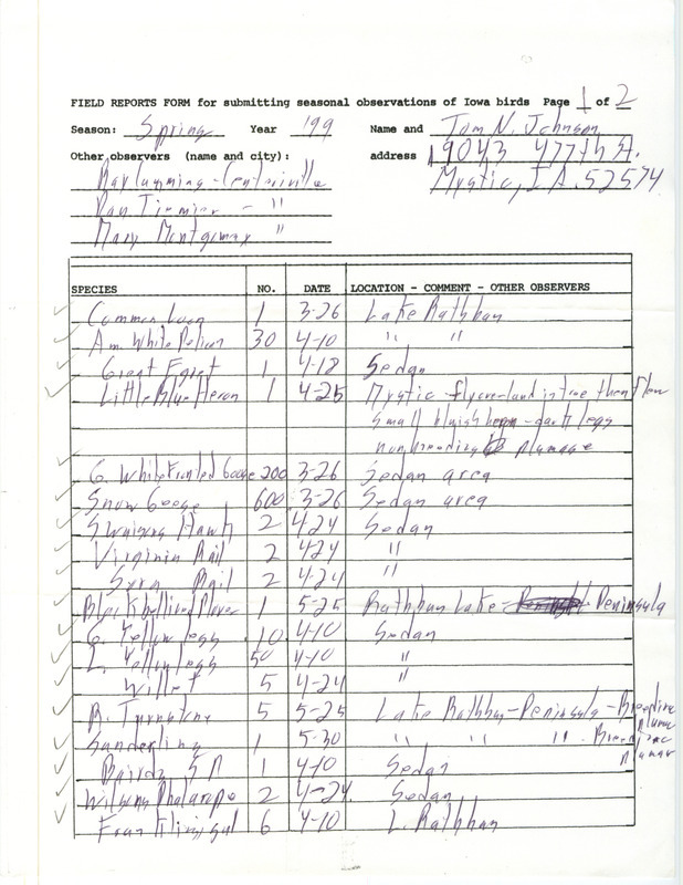 An annotated list of birds sighted by Tom Johnson and others. This item was used as supporting documentation for the Iowa Ornithologists' Union Quarterly field report of spring 1999.